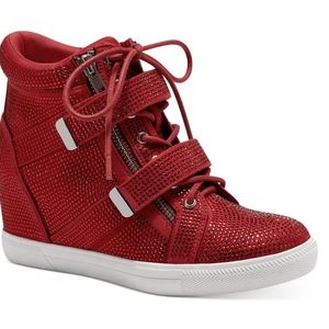 Red sparkly wedge sneakers